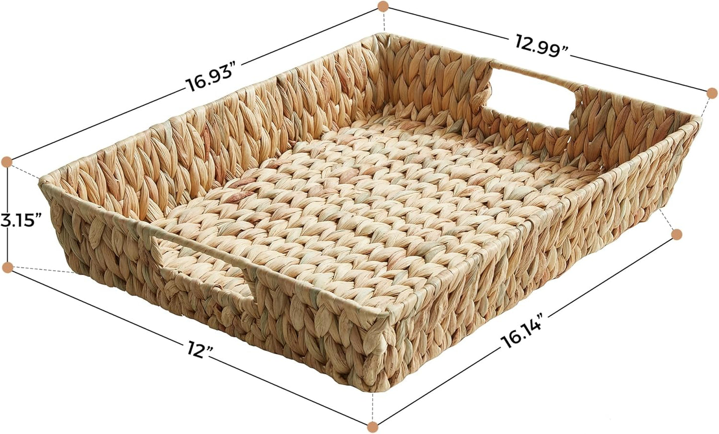 CROS Water Hyacinth Wicker Serving Tray with Handles, Rectangular Coffee Table Tray and Decorative Storage Basket for Home, Kitchen, Living Room, 16.93" x 13" x 3.15"