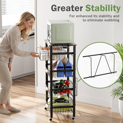 JAQ Slide Out Fruit Vegetable Basket for Kitchen, 4-Tier Rolling Storage Cart with Wooden Handle & Top, Metal Wire Produce Rack for Pantry Organization, Onion Potato Storage Bins for Small Space,White
