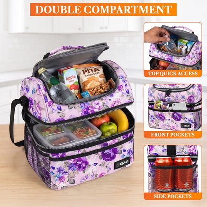 opux Insulated Lunch Bag for Men Women, Double Decker Leakproof Lunch Box Cooler Tote with Shoulder Strap, Large Lunchbox for Work School Travel Meal Prep, Adults Kids Boys Girls, Green, 16 Cans