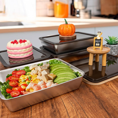 4 PCS Stainless Steel Food Storage Containers with lids,2.16 Inch Deep, 8x10 Inch Stainless Steel Oven plate, Metal Roasting Pan for Meal Prep、Meat, Rustproof & Heavy, Freezer & Dishwasher Safe