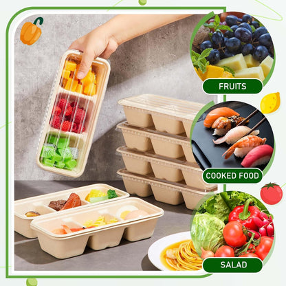 Hushee 50 Pack 17 oz 3 Compartment Snack Container Paper Small Meal Prep Containers with Lid, Disposable Bento Box Travel Lunch Food Boxes Stackable for Office Picnic