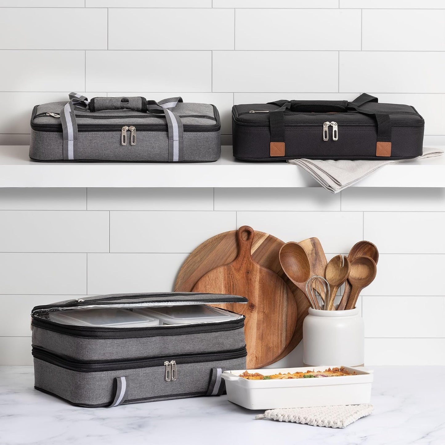 Stack Store Plus More Insulated Casserole Carrier for Hot or Cold Food, Lasagna Holder for Picnic, Potluck, Cookout - Fits 9” x 13” and 11” x 15” Baking Dish – Expandable Double Thermal Bag in Gray