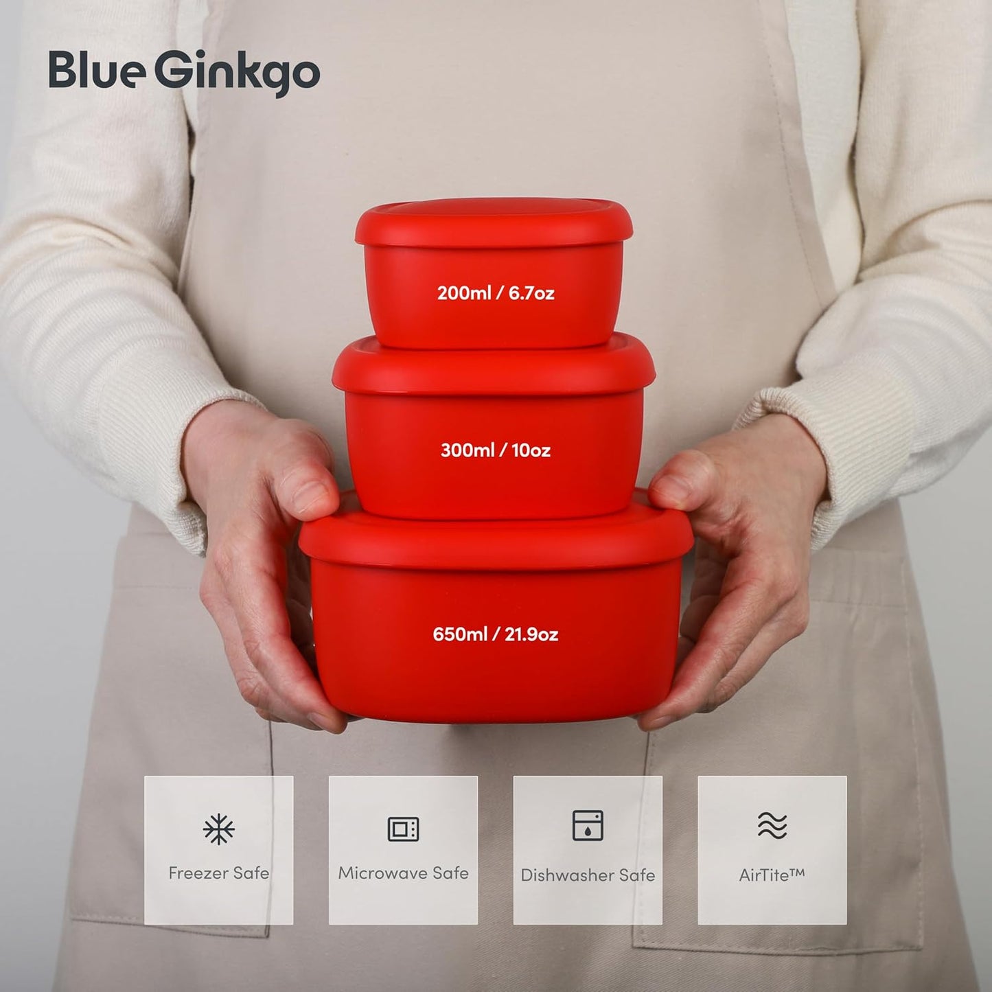 BLUE GINKGO Nesting Silicone Containers - Set of 3 Hard-Shell Silicone Food Storage Containers | BPA Free, Airtight, Dishwasher and Freezer Safe (6.7oz, 10oz, 20oz) - Green