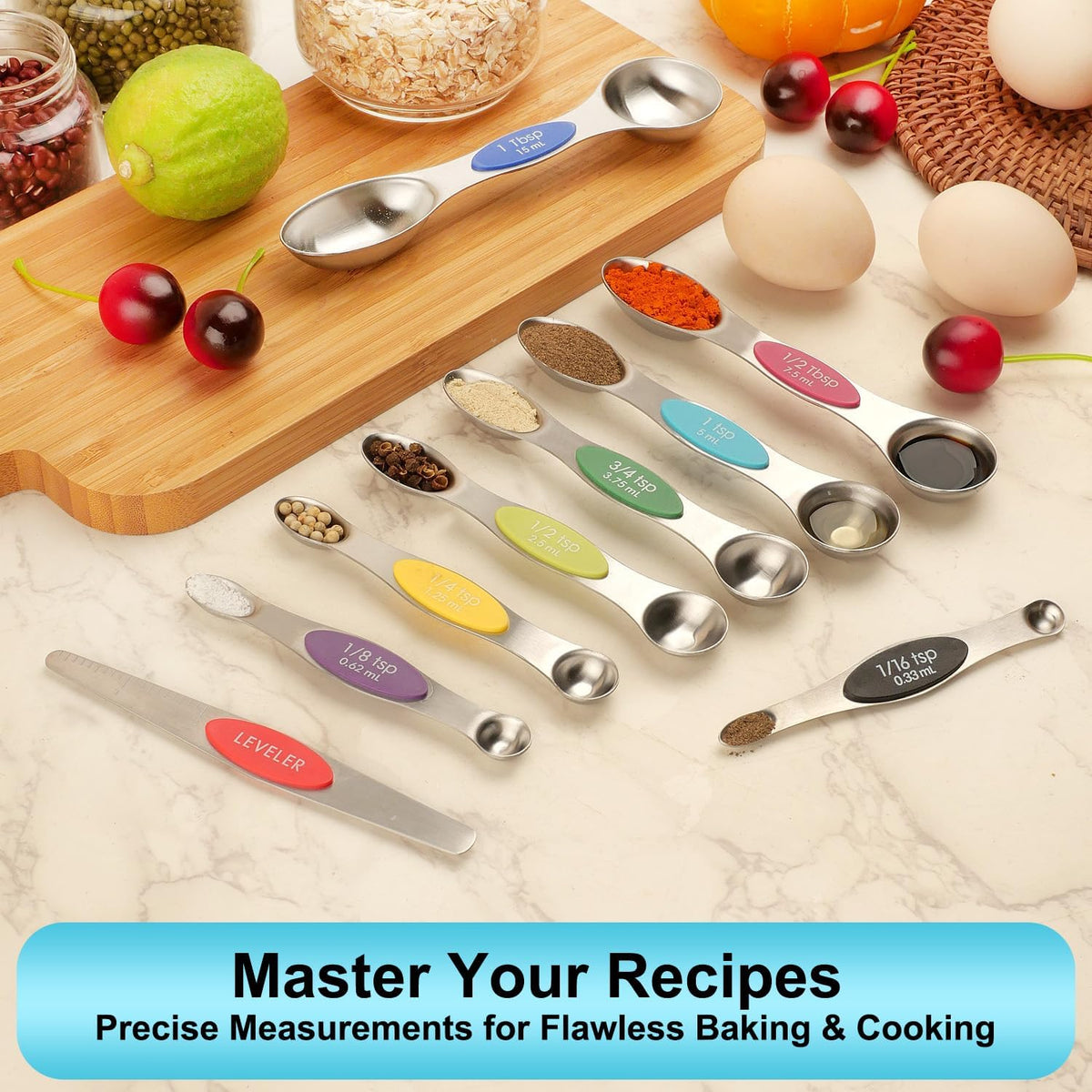 Magnetic Measuring Spoons Set Stainless Steel with Leveler, Dual-Sided Metal Measuring Spoons for Baking & Cooking, Fits in Spice Jars, Must-have Kitchen Gadgets, 8 Measuring Spoons & 1 Leveler, Black