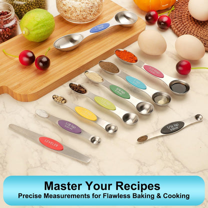 Magnetic Measuring Spoons Set Stainless Steel with Leveler, Dual-Sided Metal Measuring Spoons for Baking & Cooking, Fits in Spice Jars, Must-have Kitchen Gadgets, 8 Measuring Spoons & 1 Leveler, Black