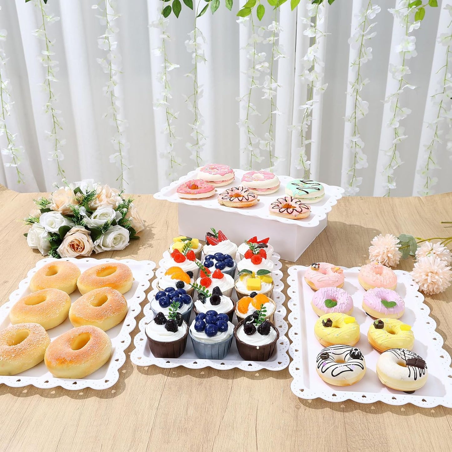 4 Pack Serving Trays for Party with Lace Rim,Rectangle Food Trays, Reusable White Plastic Serving Platters Food Display for Birthday Party, Wedding, Restaurant, 14.45" x 9.33"