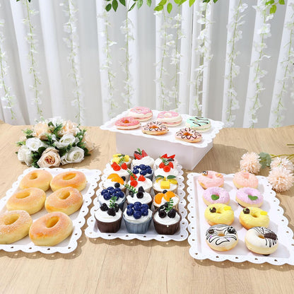 4 Pack Serving Trays for Party with Lace Rim,Rectangle Food Trays, Reusable White Plastic Serving Platters Food Display for Birthday Party, Wedding, Restaurant, 14.45" x 9.33"