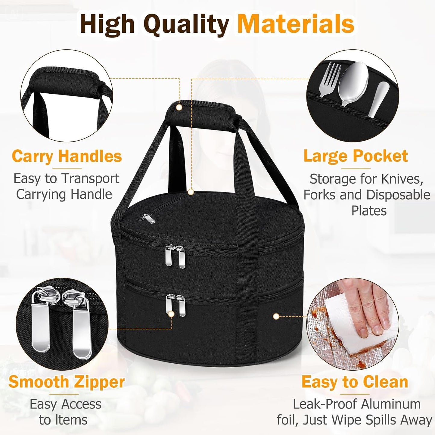 Round Insulated Casserole Carrier – 12" Portable Pie Carrier Bag for Hot or Cold Food, Leakproof Thermal Lunch Tote with Handle for Parties Picnic & Travel - Grey