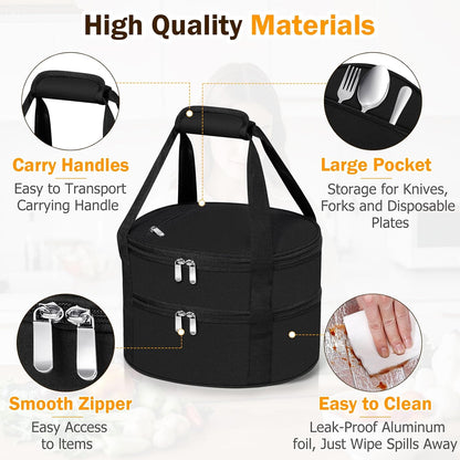 Round Insulated Casserole Carrier – 12" Portable Pie Carrier Bag for Hot or Cold Food, Leakproof Thermal Lunch Tote with Handle for Parties Picnic & Travel - Grey
