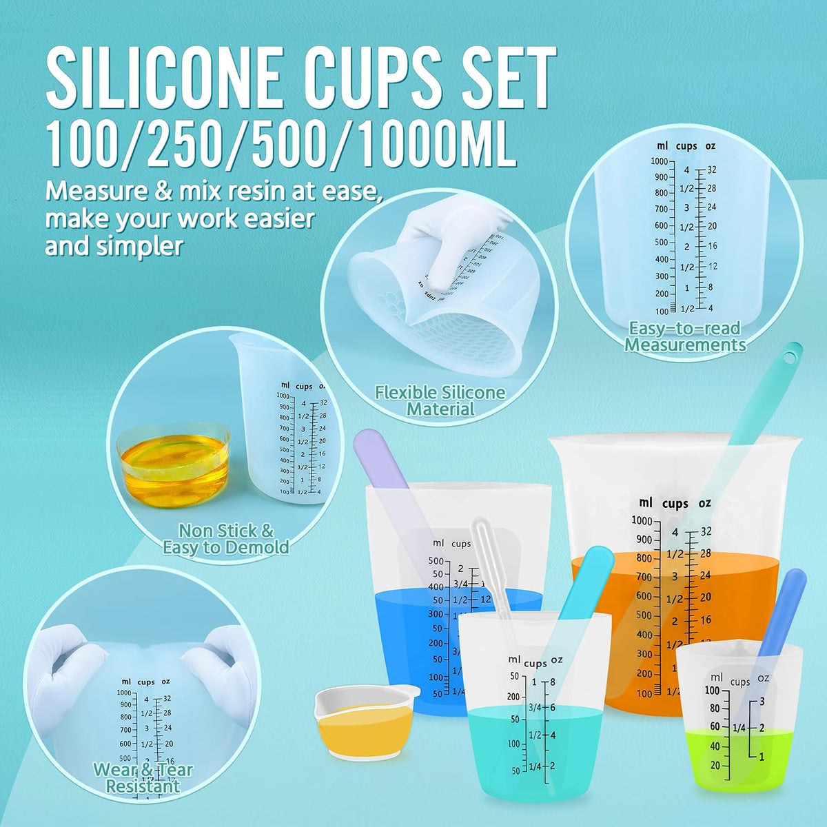 Silicone Resin Mixing Measuring Cups for Resin Supplies, 600ml/20oz Bowl, 250 & 100ml Thickened Reusable Silicone Cups for Epoxy Mixing, with Stir Sticks and Pipettes, Jewelry Making
