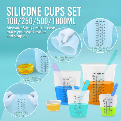 Silicone Resin Mixing Measuring Cups for Resin Supplies, 600ml/20oz Bowl, 250 & 100ml Thickened Reusable Silicone Cups for Epoxy Mixing, with Stir Sticks and Pipettes, Jewelry Making