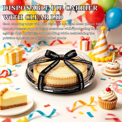 30 Pack 10 Inch Disposable Pie Carrier with Lid, Round Pie Platters Plastic Serving Tray, Catering Trays with Lids for Pies, Pizza, Desserts (Black Bottom + Clear Lid)