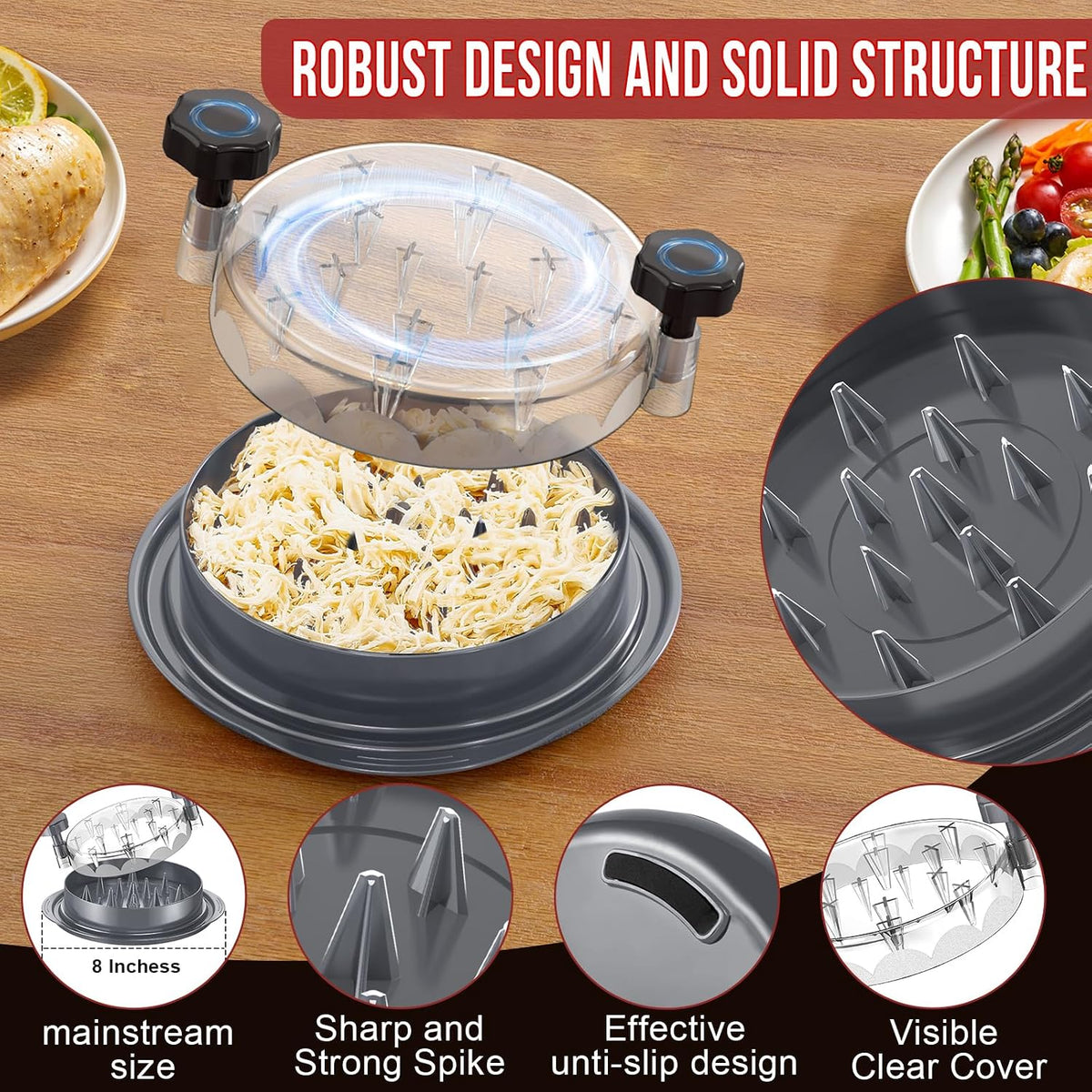 SoulLife Chicken Shredder 8 Inches, Chicken Shredder Tool Twist for Pork Beef Chicken, Meat Shredder, Clear Lid, Ergonomic Handle, Strong Anti-slip, BPA Free, Easy to Clean, Dishwasher Safe (Black)