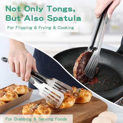 Metal Tongs for Cooking, Set of 2 Stainless Steel Spatula Tongs for Grilling, Cooking and Flipping, Strong Grip for Ribs, Steak and Fish, Comfortable Grip, Easy Pull Lock, 9 inch & 12 inch