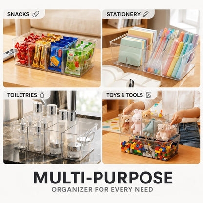 Clear Plastic Storage Bins with Removable Dividers – Pantry Snack Organizer, Kitchen Pantry Organizers and Storage, Snack Drawer Organizer, Fridge Organizer (2 Pack)
