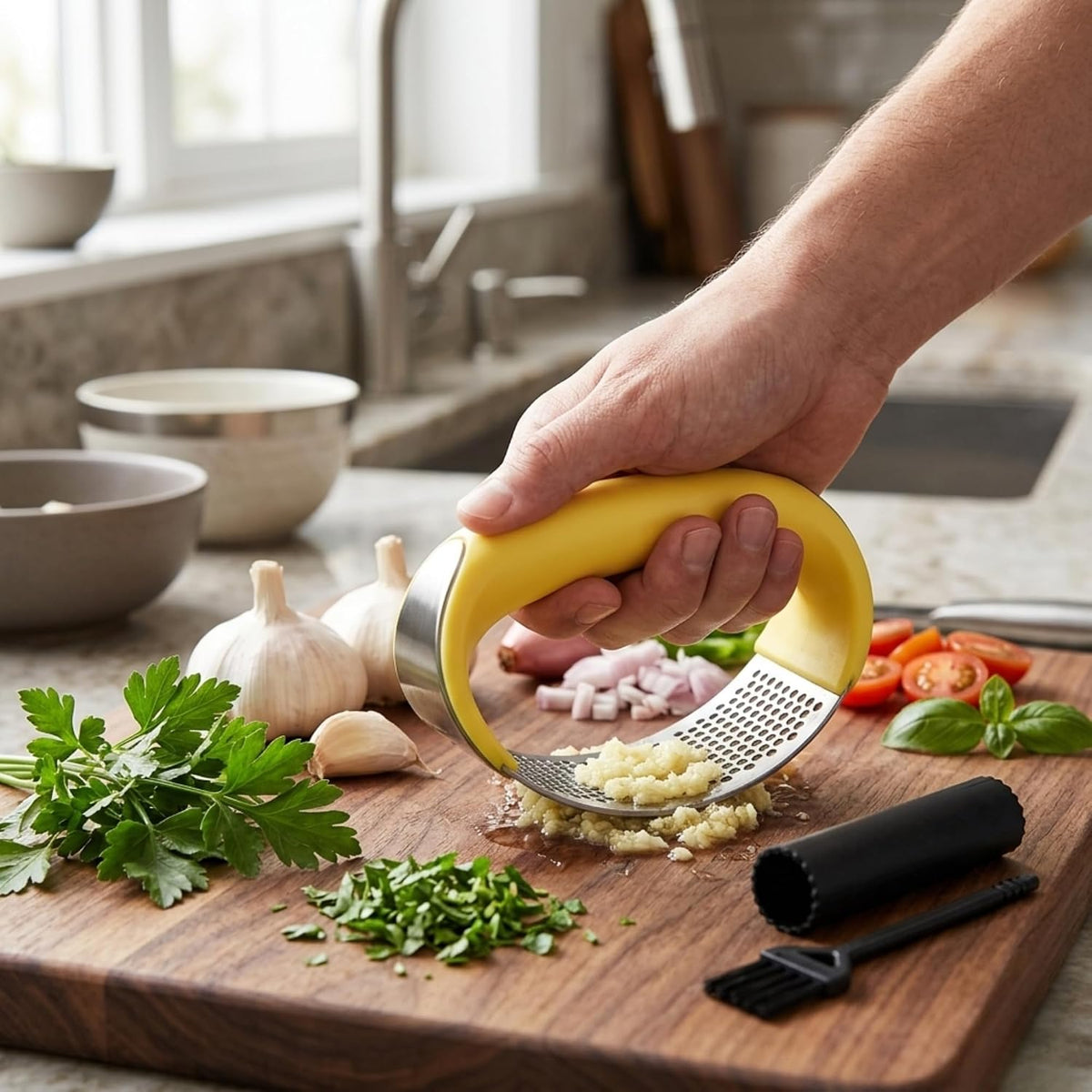 Angel's Peel Lounge Stainless Steel Garlic Press Rocker Set with Silicone Garlic Peeler & Cleaning Brush – Garlic Chopper, Mincer, Grater, Crusher – Easy for Crushed Cloves – Rust-Resistant, Black