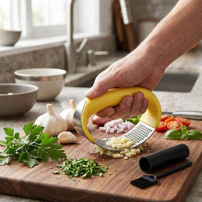Angel's Peel Lounge Stainless Steel Garlic Press Rocker Set with Silicone Garlic Peeler & Cleaning Brush – Garlic Chopper, Mincer, Grater, Crusher – Easy for Crushed Cloves – Rust-Resistant, Black