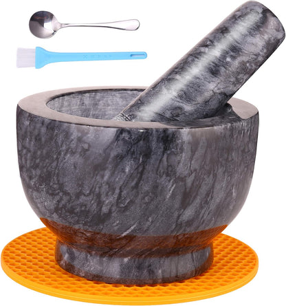 Mortar and Pestle Set, Guacamole Bowl Polished Natural Marble Stone, Grinder and Crusher, with Silicone Mat & Spoon-300ML(Light White Gray)
