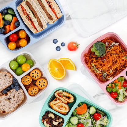 Caperci Bento Lunch Box Containers for Adults & Kids - 3-Compartment Reusable Meal Prep Containers with 2 Sauce Containers for School, Work, Travel, Wheat Straw, 4-Pack (Vintage Colors)