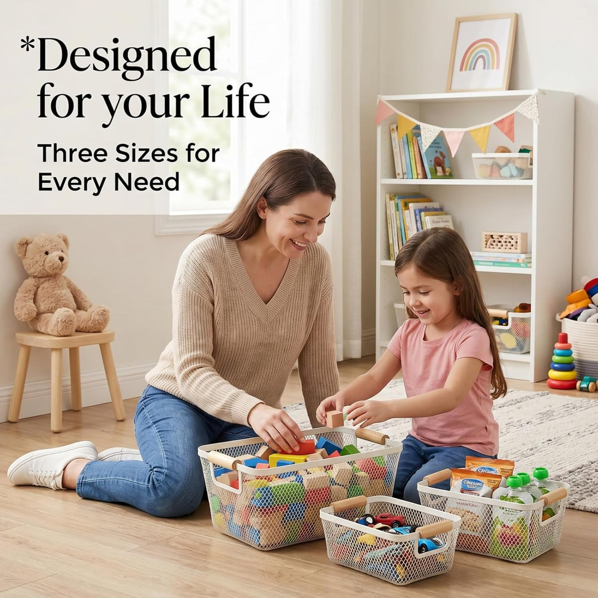Noamus 3 Pack Metal Mesh Baskets with Wood Handle, Iron Storage Organizer Basket, Cream White Wire Countertop Baskets for Organizing, Cabinet Pantry Closet Bedroom Kitchen(3 Size)