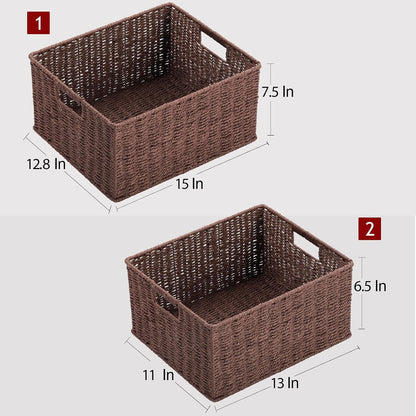 HOONEX Water Hyacinth Storage Baskets, Wicker Baskets for Storage, Hand Woven Baskets with Carry Handles, Set of 2, Natural