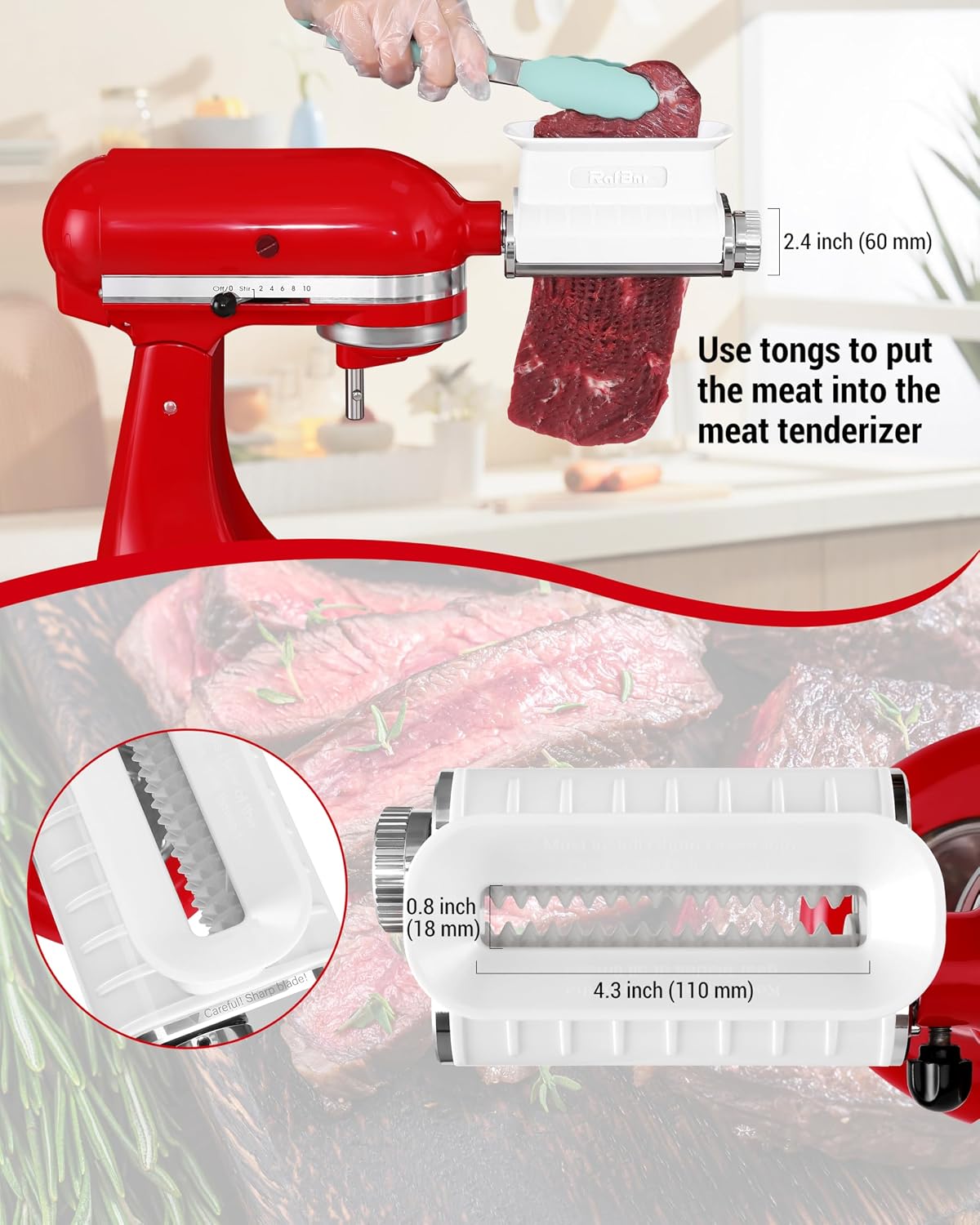 Meat Tenderizer Attachment for KitchenAid Mixer, 3 Thickness Settings