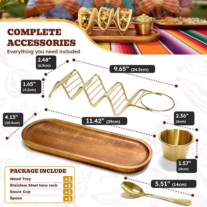 Wood Taco Serving Tray Set with Stainless Steel Taco Holder (Holds 3 Tacos), Sauce Cup & Spoon, Taco Plate for Kitchen, Taco Night, Parties and Family Dinners