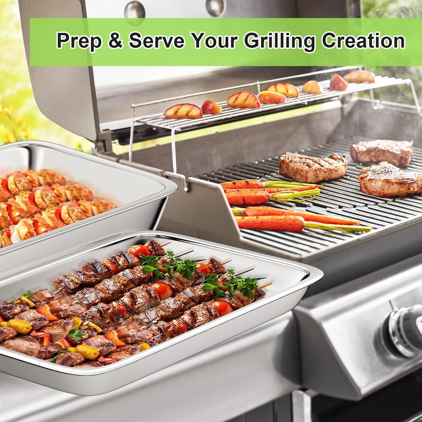 Grilling Prep and Serve Trays, 4 in 1 Stackable Stainless Steel BBQ Food Prep Trays with Cutting Board, Deep Marinating Container, Cooling Rack, Grill Pans BBQ Prep Tub, BBQ Accessories Gift