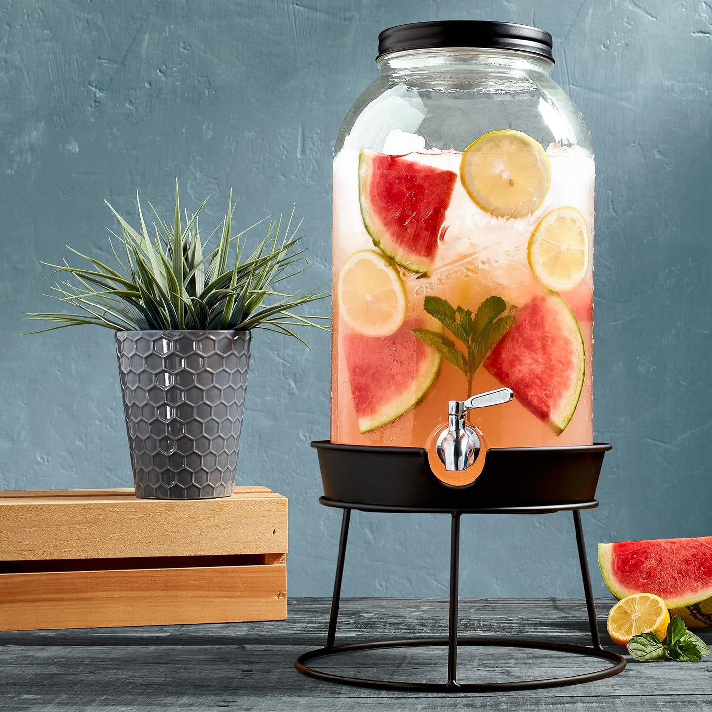 Mason Craft & More 3 Gallon Glass Beverage Drink Dispenser with Leakproof Spigot and Metal Stand