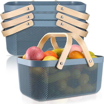 Sadnyy 4 Pcs Plastic Mesh Garden Harvest Basket Storage Basket with Wooden Handle Multi Functional Mesh Bin for Kitchen Cabinet Picnic Fruit Vegetable Gathering Organizer(Large,White)