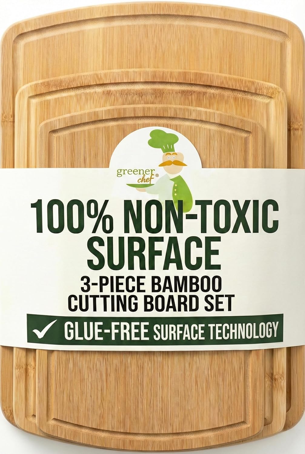 Greener Chef Luxury Bamboo Cutting Board Set of 3 with Glue-Free Surface Technology - Extra Spacious Wood Cutting Boards for Kitchen and XL Chopping Board Set - Replacements for Life