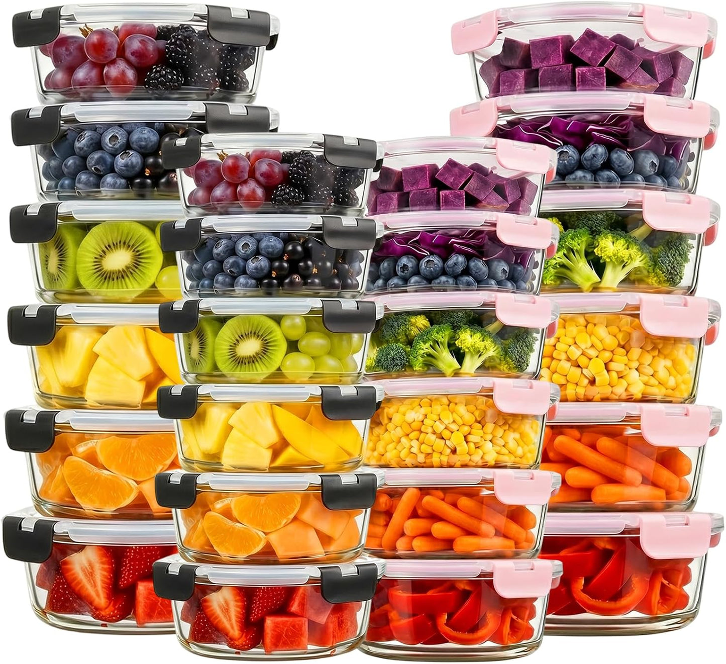 Konokyo Square Glass Food Storage Containers with Lids, 12 Pack Airtight Leakproof Meal Prep Containers, BPA-Free, Microwave Oven Freezer & Dishwasher Safe, Assorted Sizes