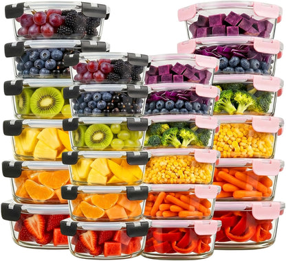 Konokyo Square Glass Food Storage Containers with Lids, 12 Pack Airtight Leakproof Meal Prep Containers, BPA-Free, Microwave Oven Freezer & Dishwasher Safe, Assorted Sizes