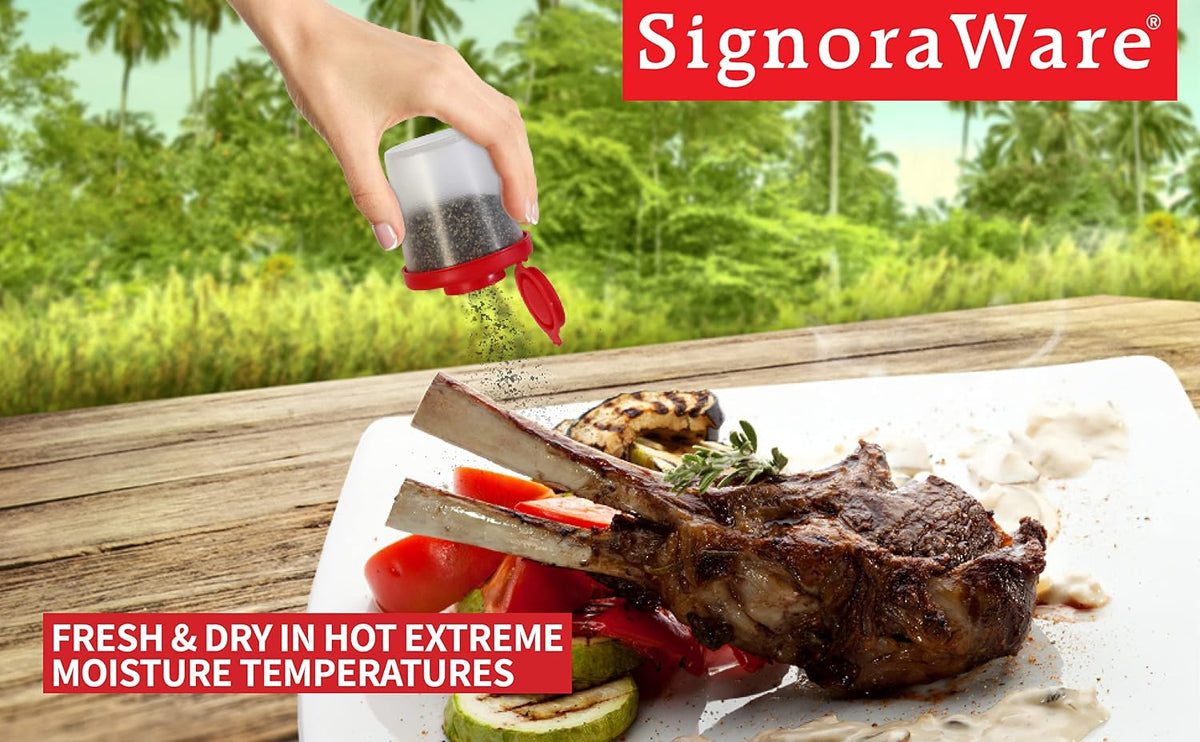 SIGNORAWARE Salt and Pepper Shakers Moisture Proof Set of 2 Large Salt Shaker to go Camping Picnic Outdoors Kitchen Lunch Boxes Travel Spice Set Clear with Red Covers Lids Plastic Airtight Dispenser