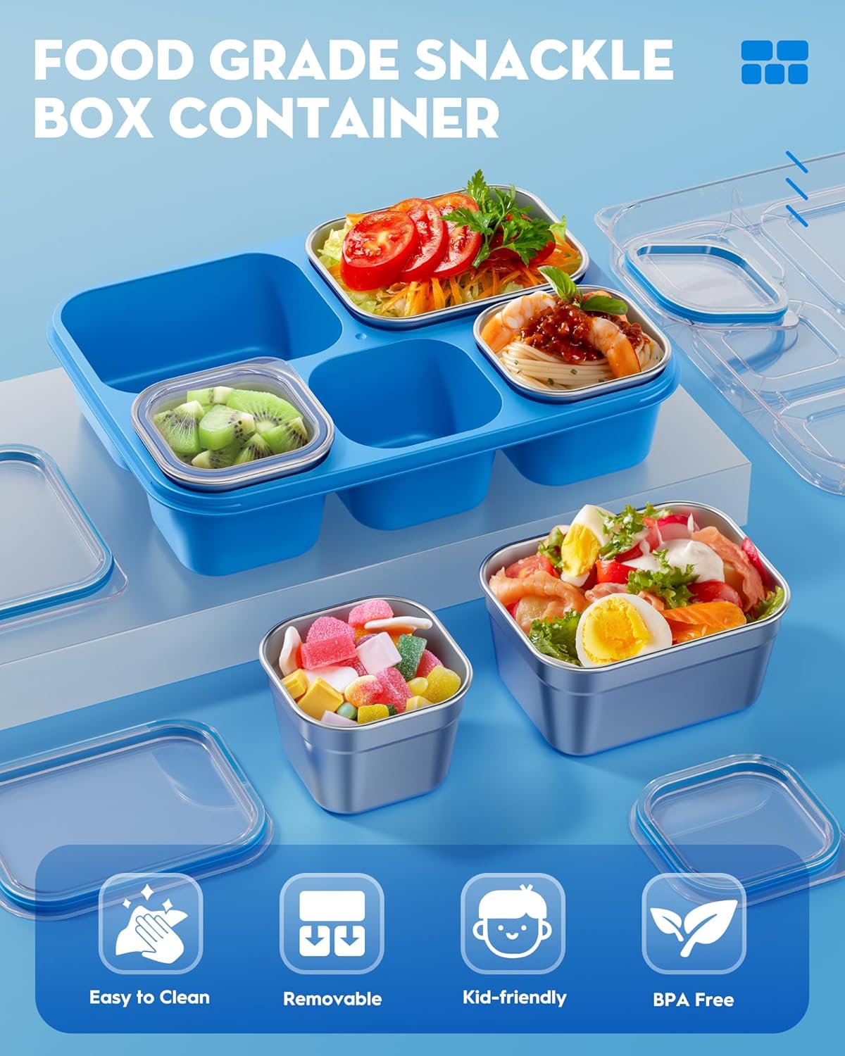 BiuLeon Snackle Box Containers, Stainless Steel 5 Compartments Divided Serving Tray with Lid, Removable LeakProof Portable Bento Box for Fruit Candy Nuts Food - School, Picnic and Travel（Blue）