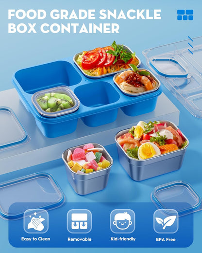 BiuLeon Snackle Box Containers, Stainless Steel 5 Compartments Divided Serving Tray with Lid, Removable LeakProof Portable Bento Box for Fruit Candy Nuts Food - School, Picnic and Travel（Blue）