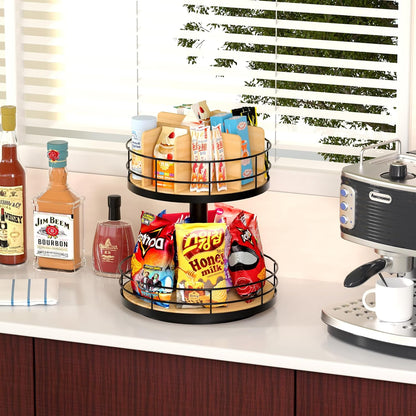 Snack Organizer - Versatile Snack Storage 2 Tier Lazy Susan with Convenient Grab-and-Go Design, Metal Snack Holder for Home, Office, Breakroom, 11.85" L x 11.85" W x 13.3" H (Matte Black)