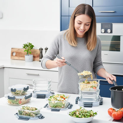 TYKOON 10 Pack Glass Meal Prep Containers with Snap Locking Lids, Airtight Leakproof Bento Boxes for Lunch Freezer Microwave and Dishwasher Safe, Includes 5x36oz and 5x12oz