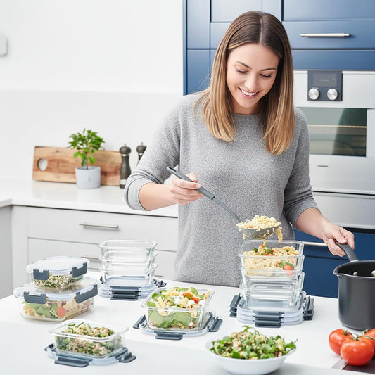 TYKOON 10 Pack Glass Meal Prep Containers with Snap Locking Lids, Airtight Leakproof Bento Boxes for Lunch Freezer Microwave and Dishwasher Safe, Includes 5x36oz and 5x12oz