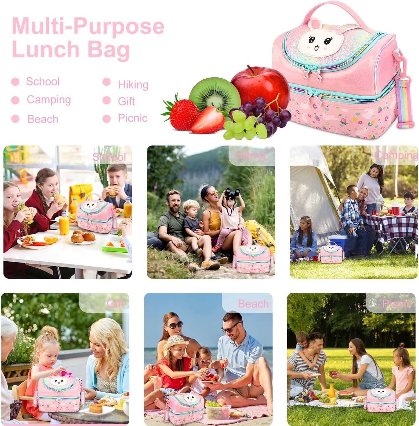 RHCPFOVR Kids Lunch Bag - Double - Decker Cooler Insulated Lunch Box for Boys Girls,Washable Lunch Bag with Strap and Reusable Toddler Lunchbox for School and Daycare