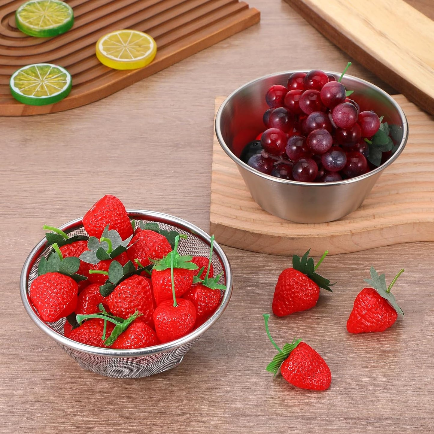2 Sets Mini Colander & Food Strainer, 4 Pcs Total 304 Stainless Steel Small Mixing Bowls for Kitchen, Draining Rice Pasta, Washing Fruit Vegetables, Salad Prep (5.51 x 2.36 Inches, Silver)