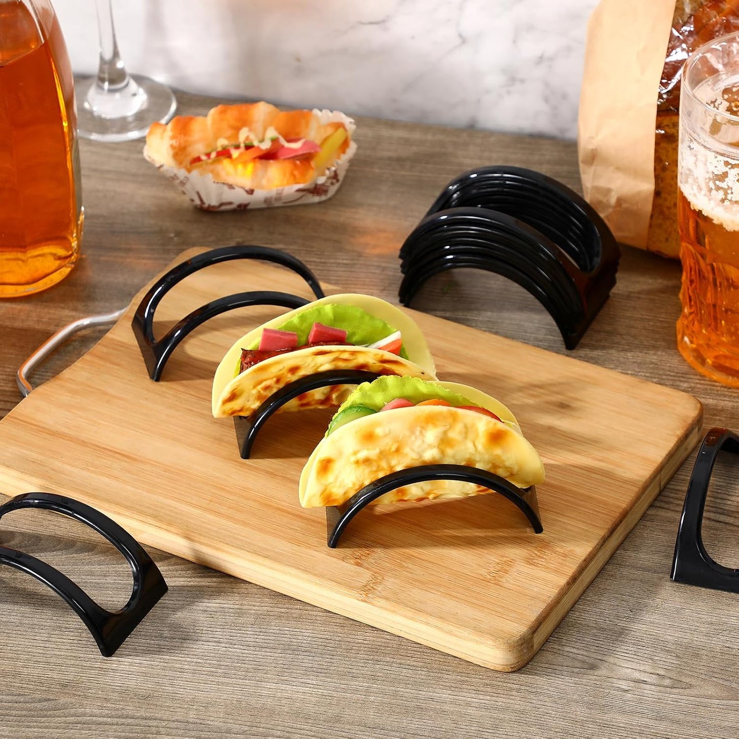 Baderke 24 Pcs Single Taco Holder Stand Black Plastic Tray Plates Mexico Taco Holder for Tuesday Night Carnival Backyard Party Supplies, Dishwasher Microwave Safe