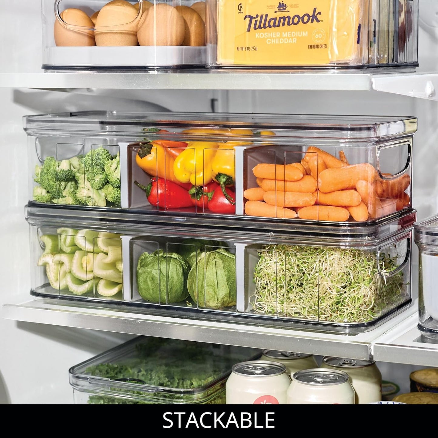 iDesign Large Fridge Organizer Bin with Removable Divider and Lid - Set of 3 - Clear/Gray