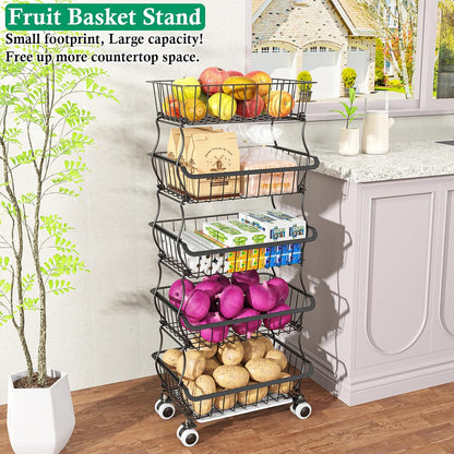 OKZEST 3-Tier Rolling Pantry Floor Organizer and Storage Cart with Wheels, Stackable Wire Pantry Baskets for Pantry Shelves, Kitchen Storage Rack and Fruit Basket Stand for Fruit Snack Onion Potato