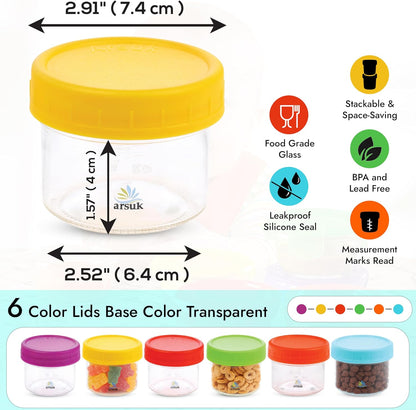ARSUK 4Oz Glass Food Storage Containers with Snap-On BPA-Free Lids 12 Pack - Small Glass Jars for Sauce, Spices, Meal Prep - Reusable & Dishwasher Microwave Fridge Freezer Safe