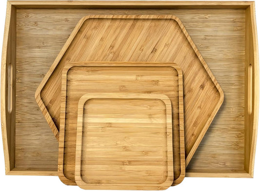 Bamboo 4 Pack Serving Trays for Party Large One with Handle