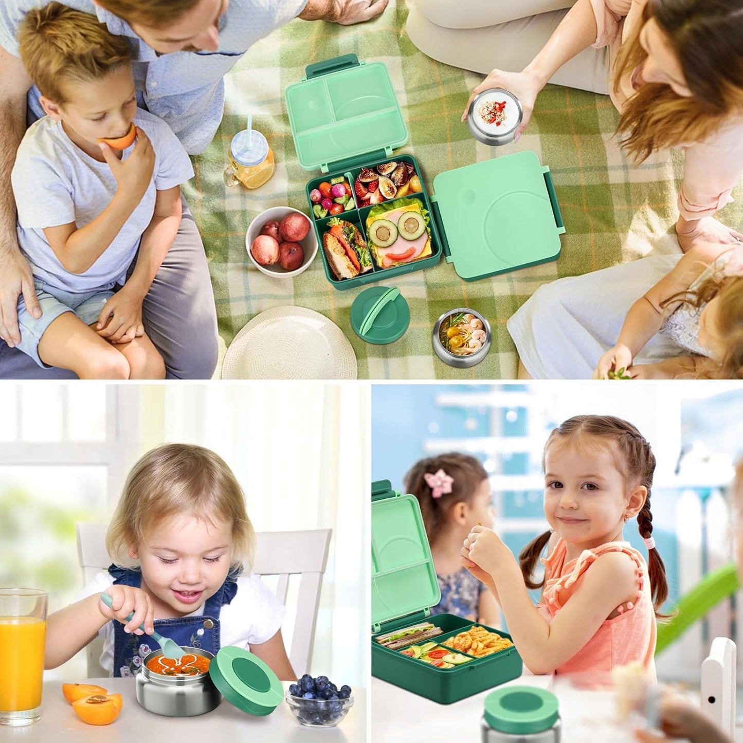 Bento Lunch Box Set for Kids with 8oz Soup Thermo, Leak-Proof Lunch Containers with 4 Compartment, Kids Thermo Hot Food Jar and Insulated Lunch Bag for Kid to School-Black