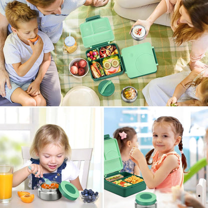 Bento Lunch Box Set for Kids with 8oz Soup Thermo, Leak-Proof Lunch Containers with 4 Compartment, Kids Thermo Hot Food Jar and Insulated Lunch Bag for Kid to School-Black