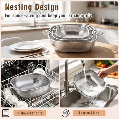 P&P CHEF Stainless Steel Colander Set of 3-2.4/4 / 6 Qt, Square Colanders for Kitchen, Pasta Strainer for Washing Draining Rinsing Spaghetti Fruit Food, Dishwasher Safe & Healthy