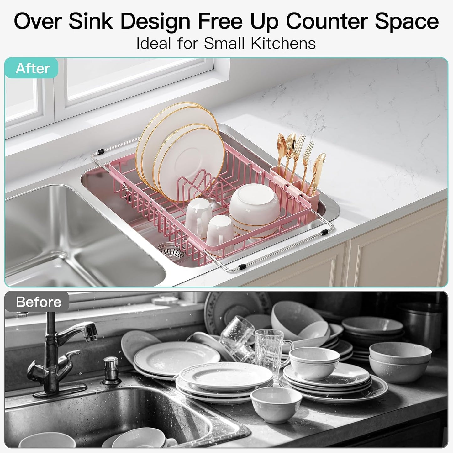 JASIWAY Dish Drying Rack in Sink, Expandable Stainless Steel Dish Drainers for Kitchen Counter, Dish Dryer Rack for Inside Sink, Over The Sink Dish Racks with Utensil Holder, Silver